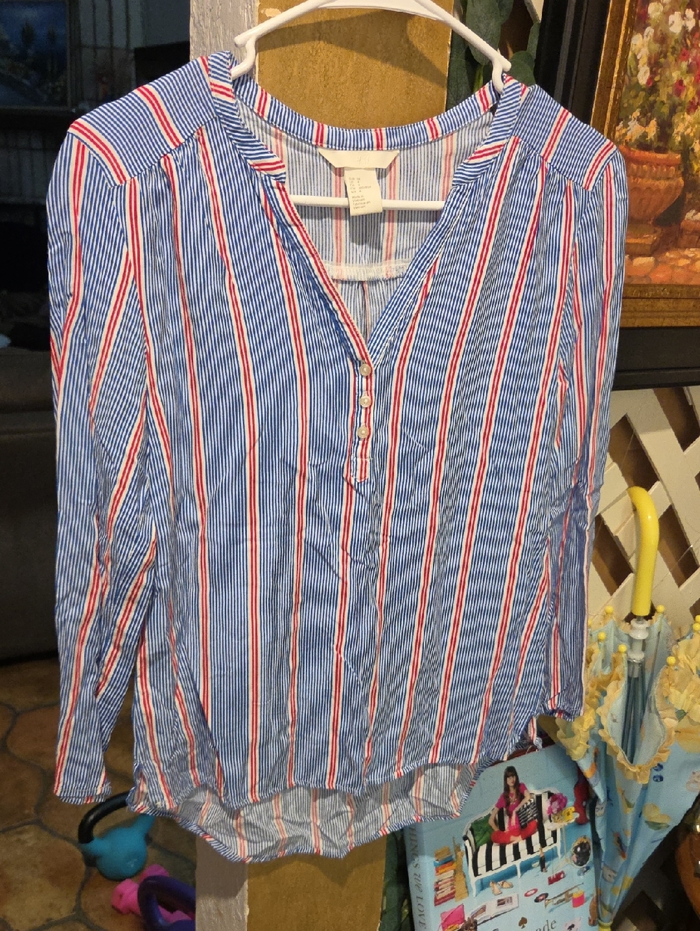 H&M Blue and Red Striped Button-Front Blouse